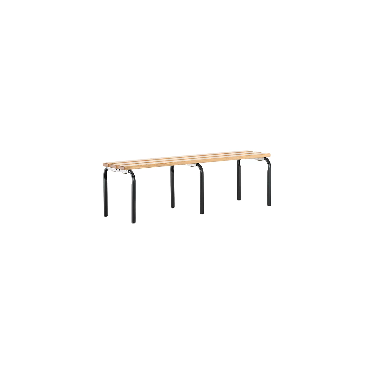 Long wooden bench with black painted metal legs, ideal for waiting areas.