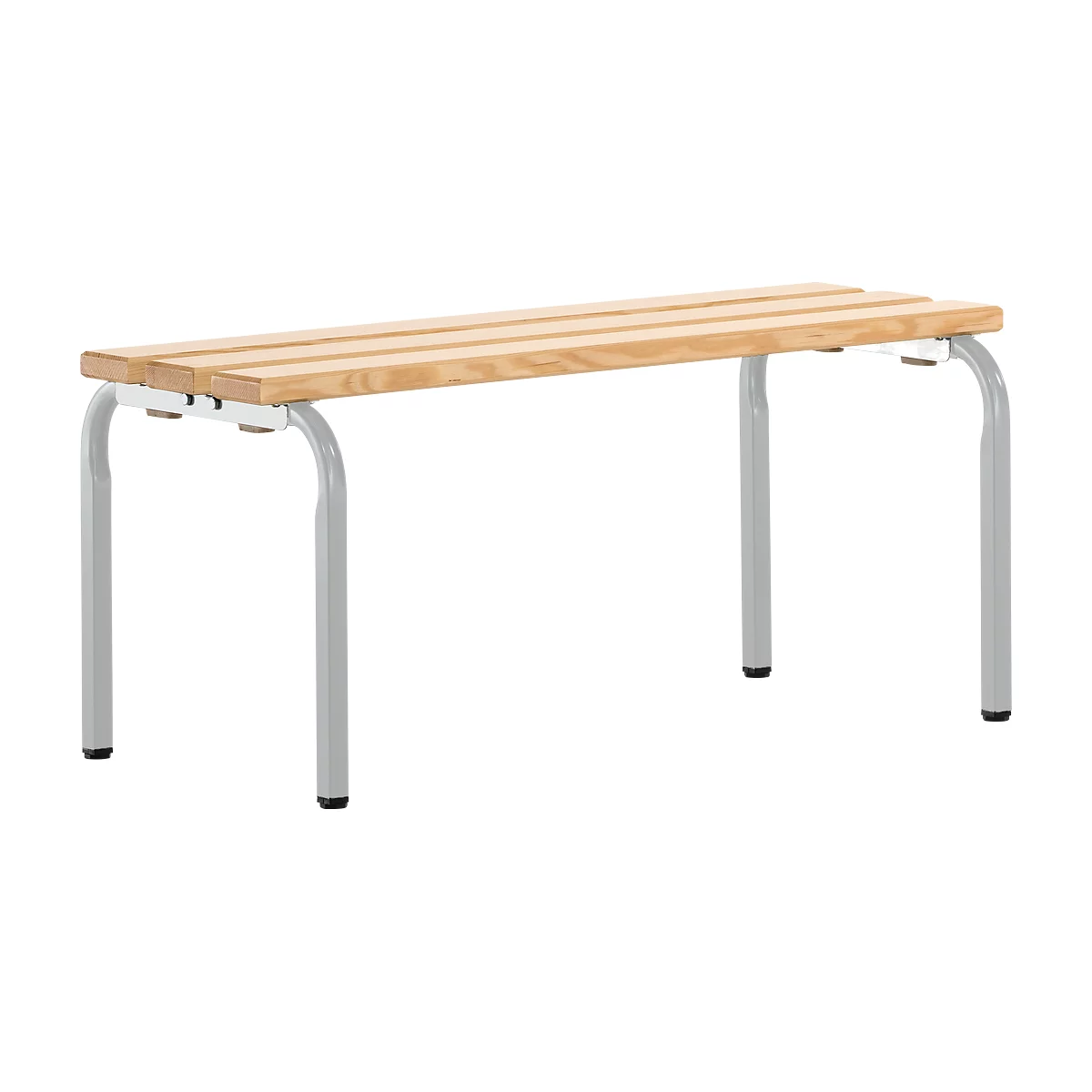 Wooden bench with gray metal legs. The seat consists of three wooden slats. The bench stands against a white background.