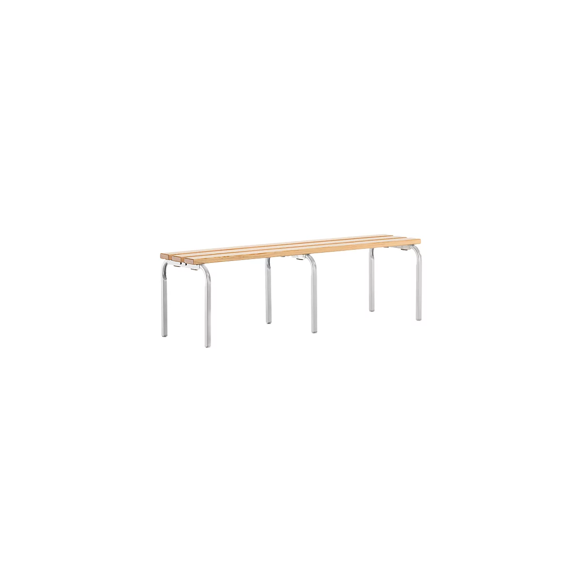 Long wooden bench with metal legs. The seat consists of several wooden slats. The legs are U-shaped curved.