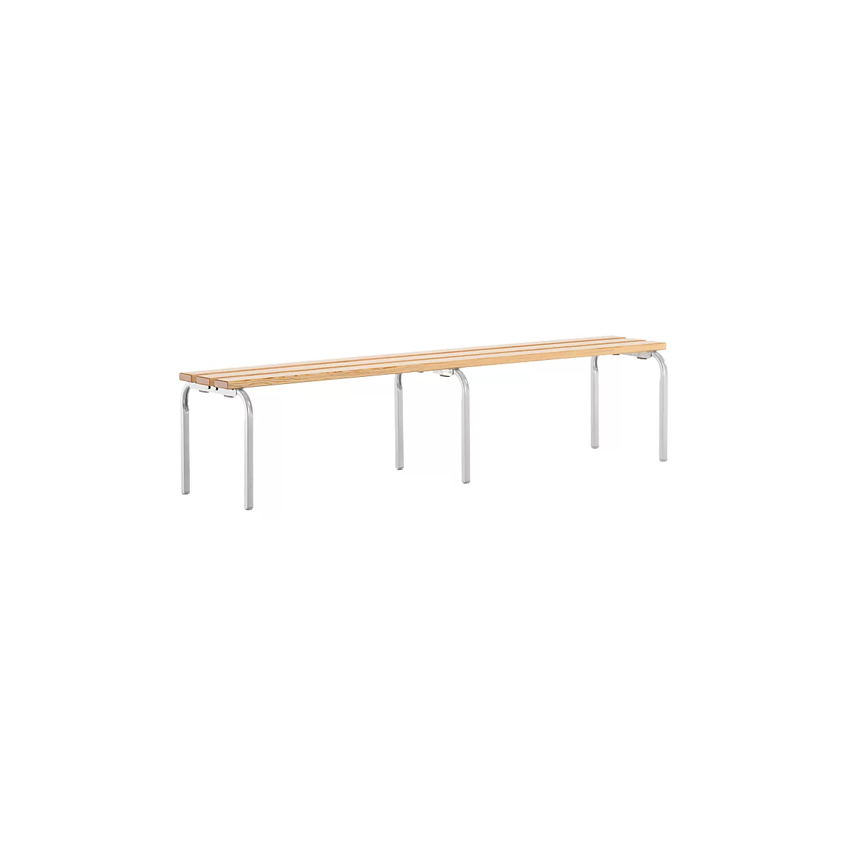 Long bench made of light wood with metal legs, against a white background.