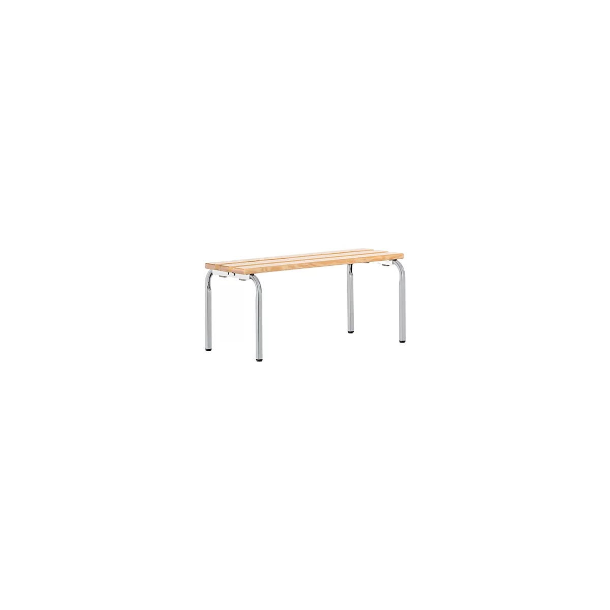 Wooden bench with four metal, curved legs, no backrest.