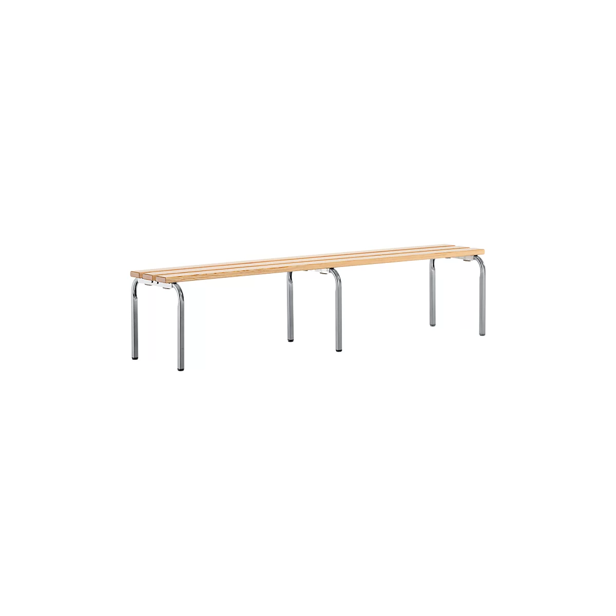 Long wooden bench with chrome legs, on a white background.