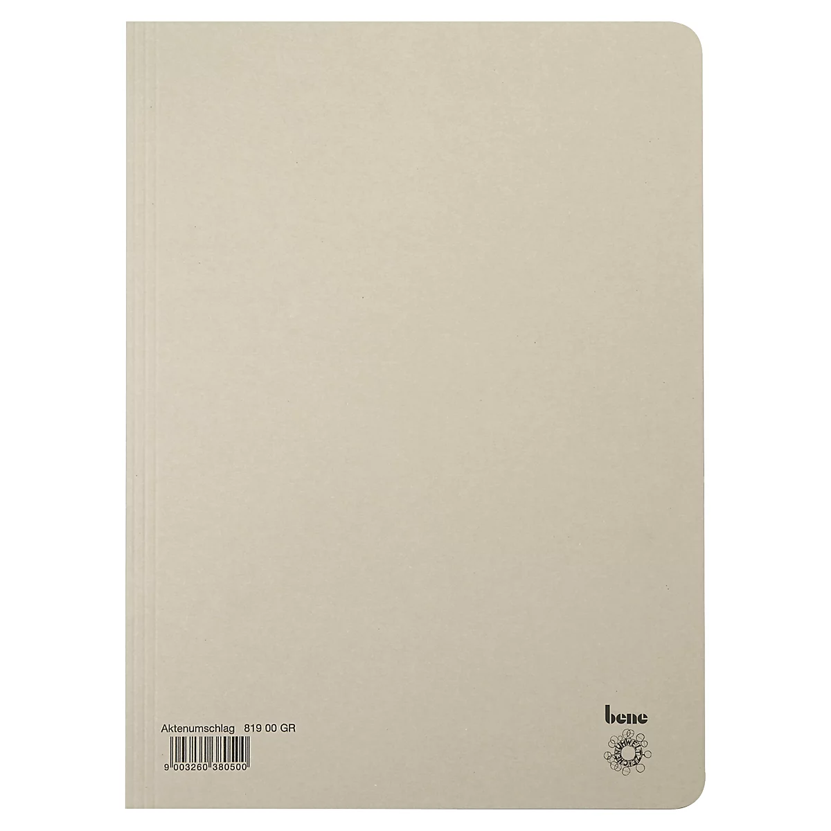 Beige Mappe mit Barcode und Logo.