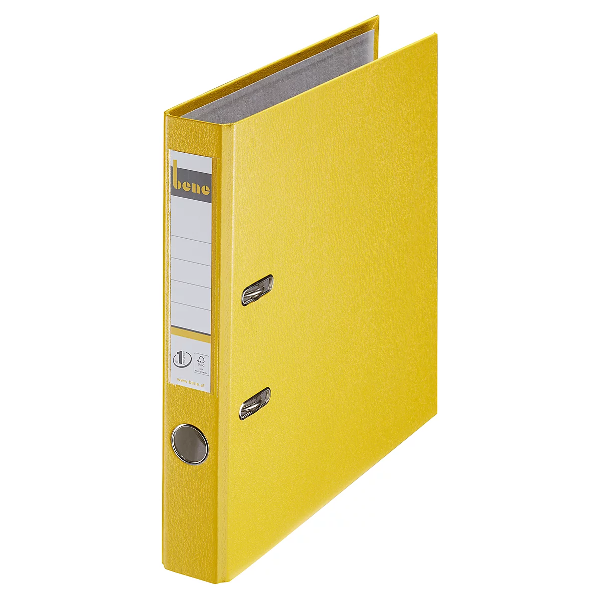 Gele map met open deksel. Er zit een gelabeld etiket op de zijkant.