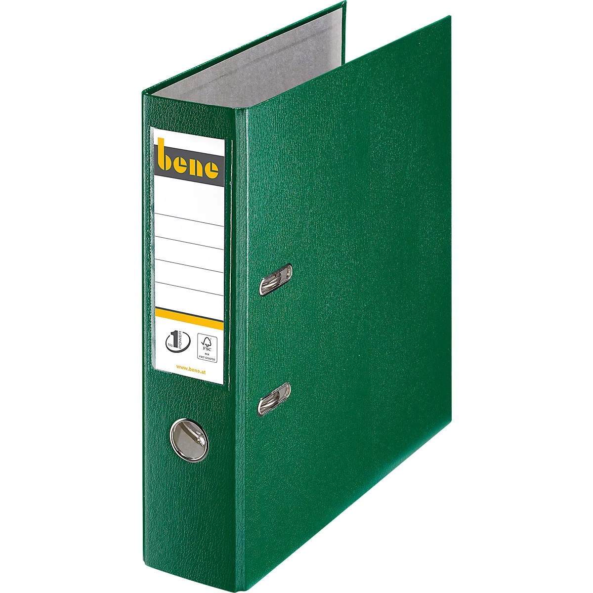 Groene ordner met "bene" opschrift op de rug. Lege etikettenvelden en metalen oogjes.