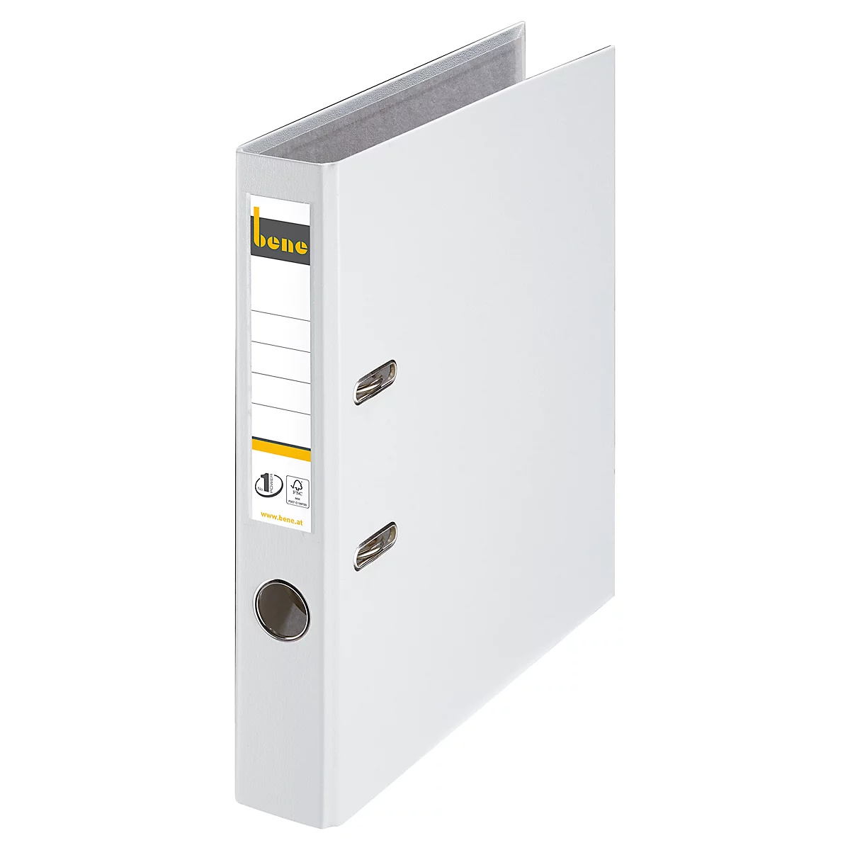 Witte ordner met zilveren sluitingen, etiket met gele belettering. De ordner is licht geopend.