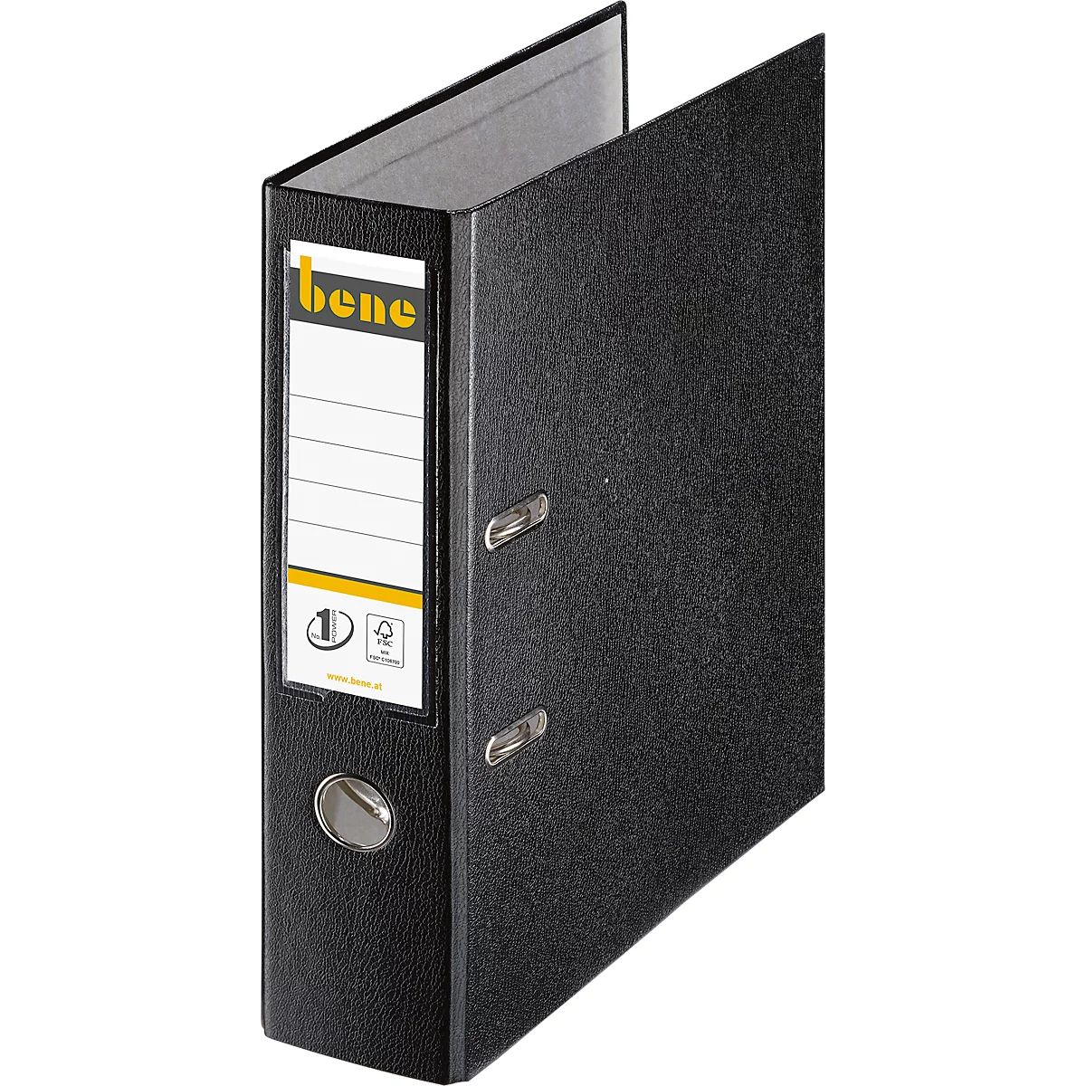 Zwarte ordner, gedeeltelijk geopend, met labelveld en logo van de fabrikant.