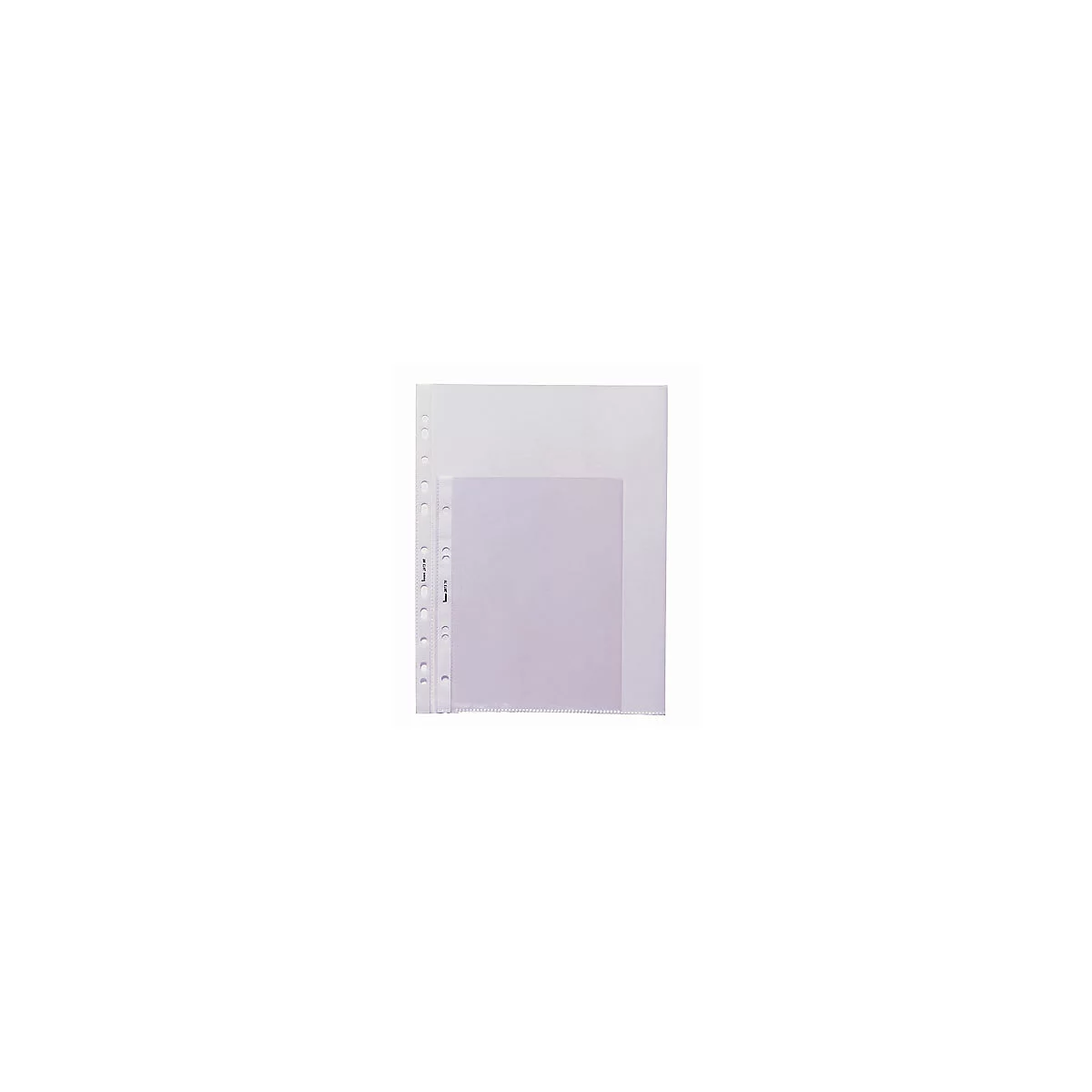 Three transparent plastic sheet protectors, one punched for a binder. Below a paper. Labeling on the edge.