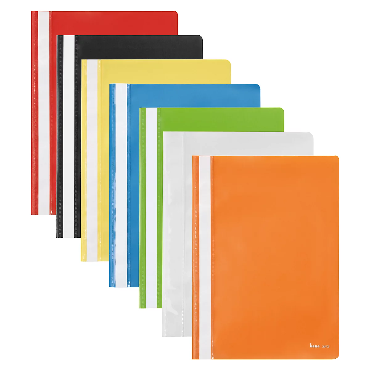 A selection of colorful file folders with white stripes. Colors: Red, Black, Yellow, Blue, Green, White and Orange.
