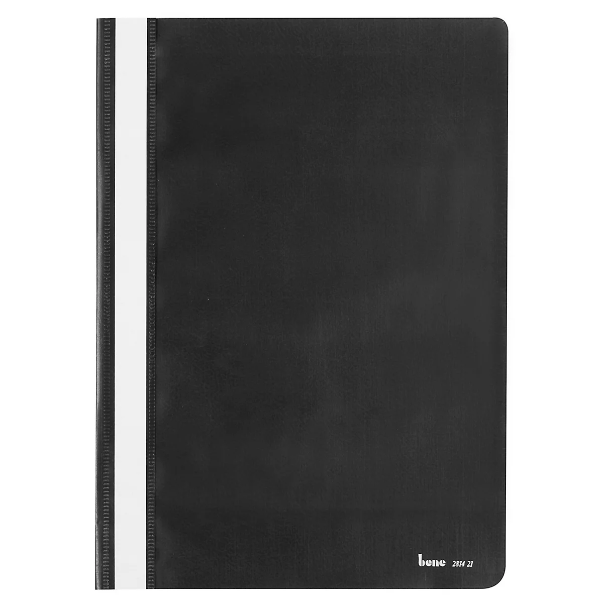 Black binder with a white stripe on the side. Small lettering on the bottom right.