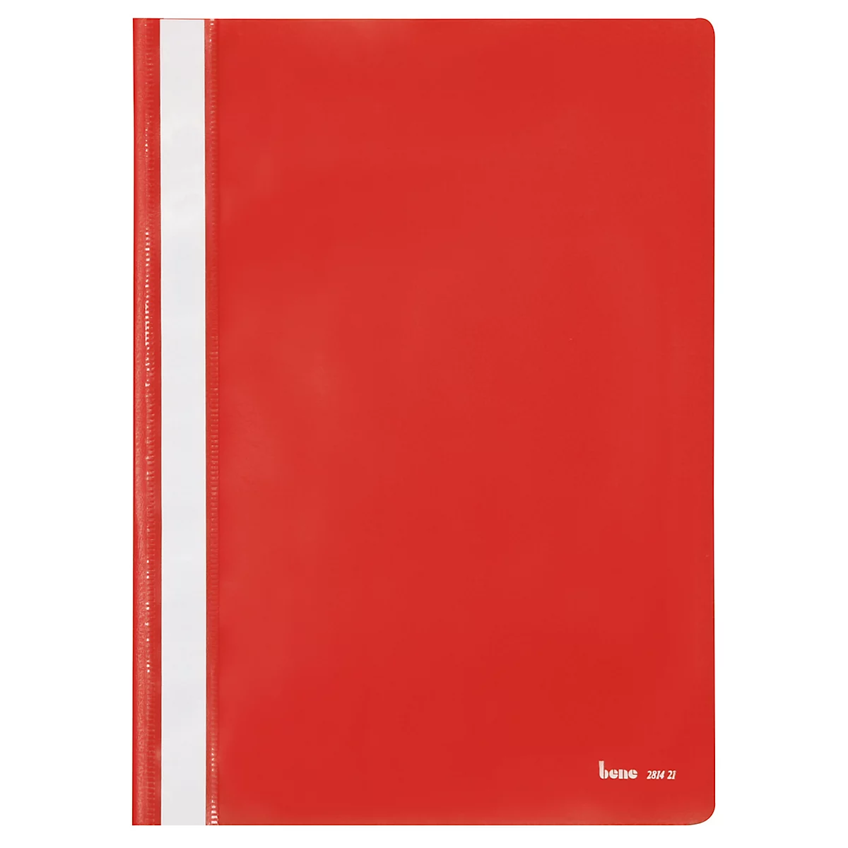 Red binder with white stripe on the side.