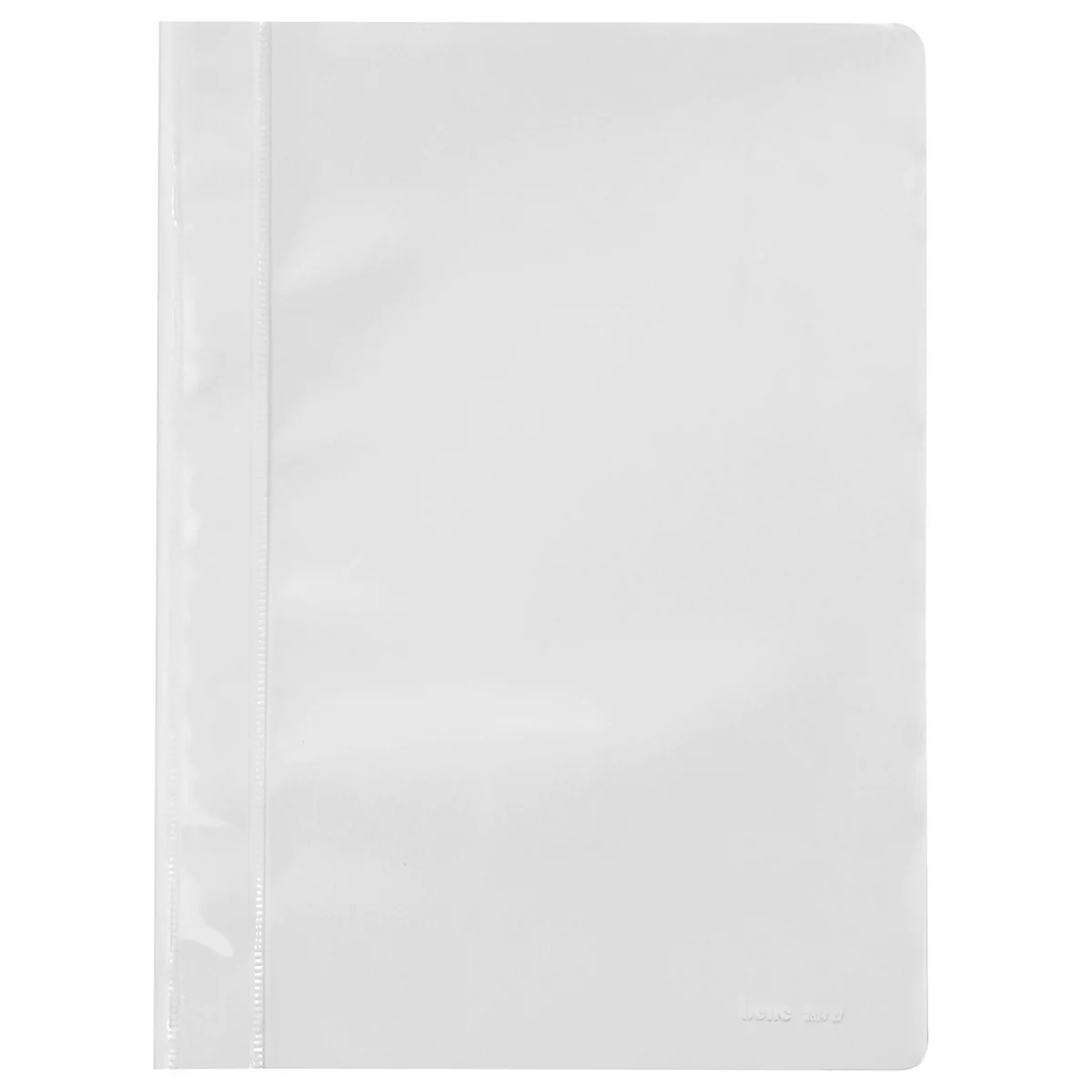White binder with transparent cover and black spiral binding.