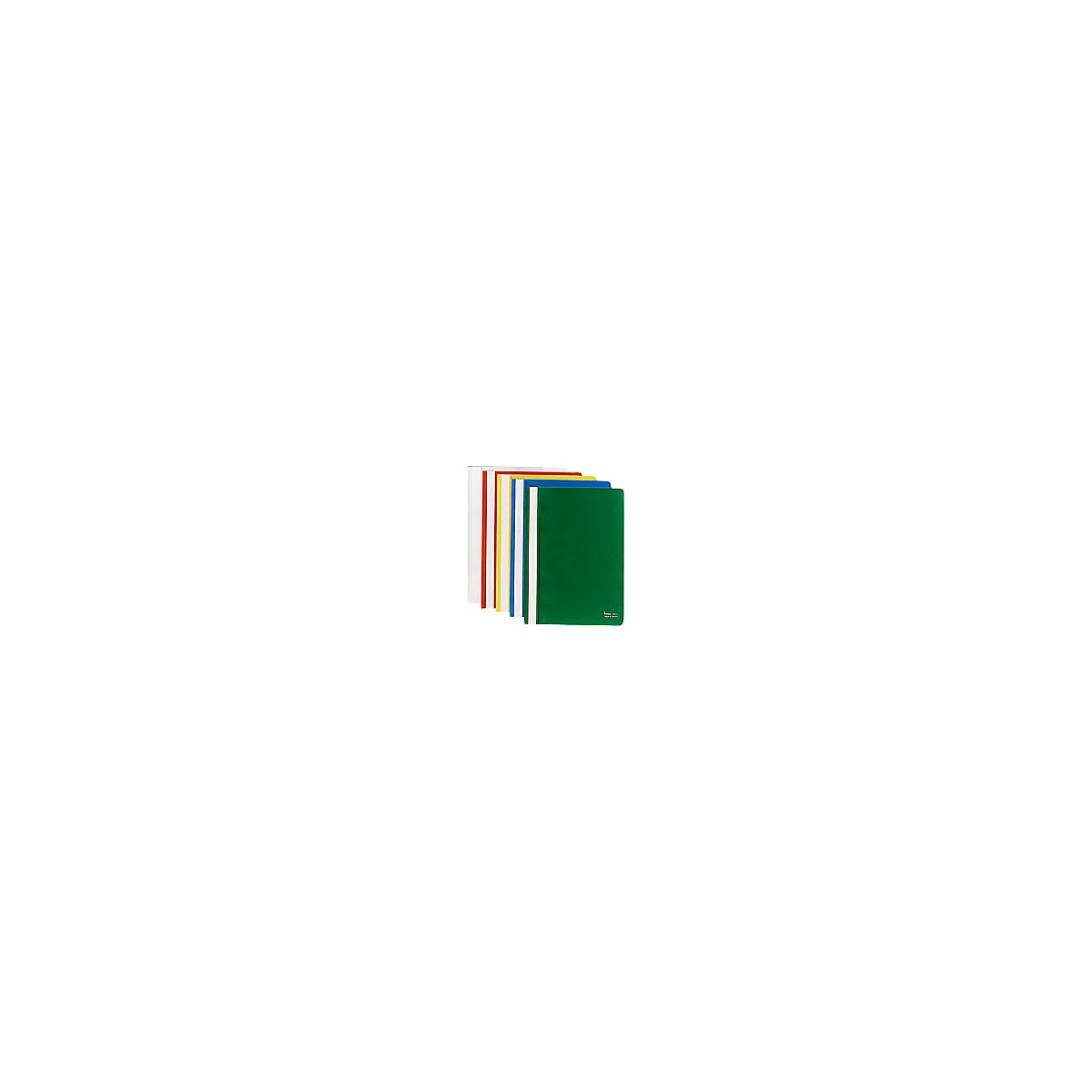 Various colored file folders stand side by side, in the foreground a green folder with a white edge.