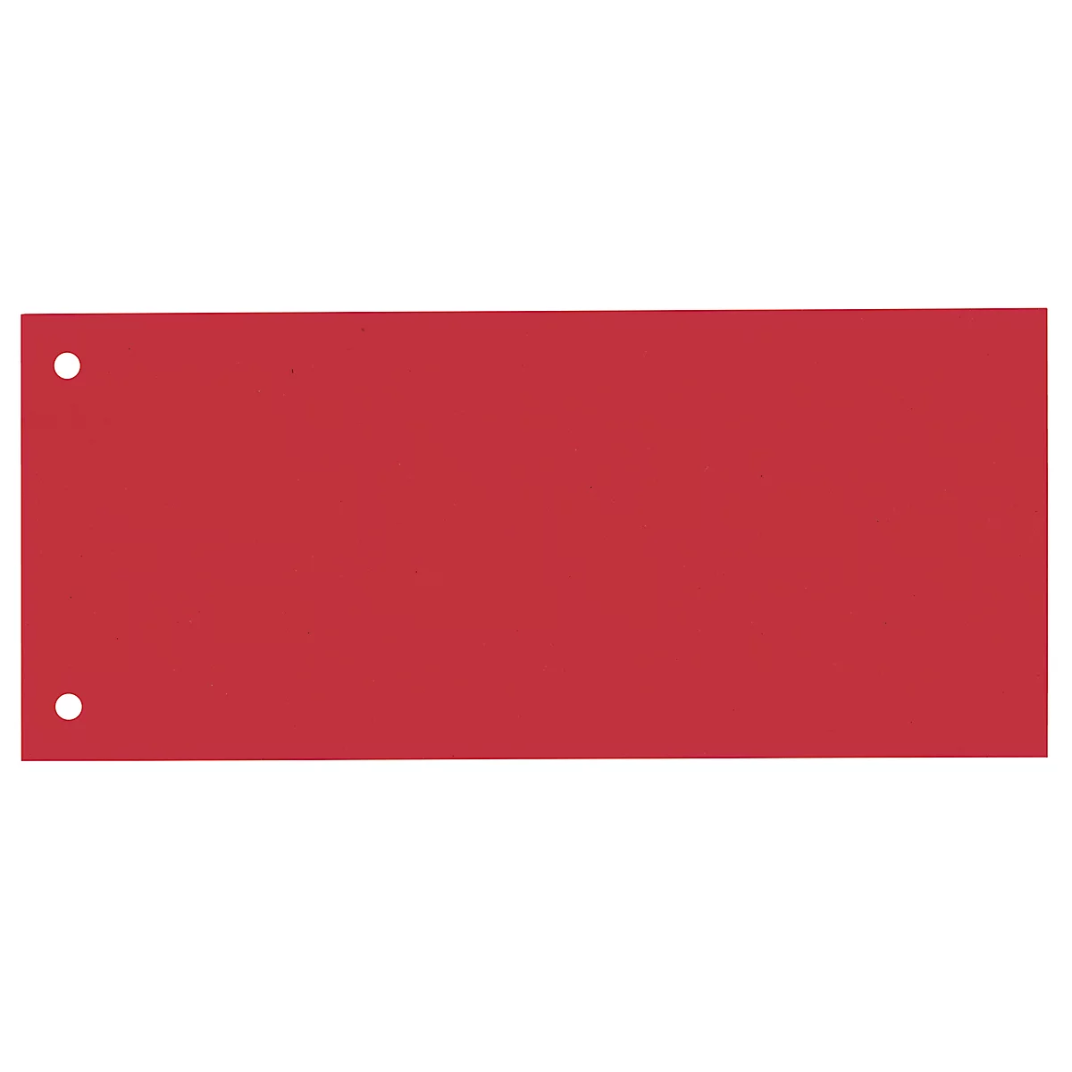 Rectangular red card with two white holes. One at the top left, one at the bottom left.