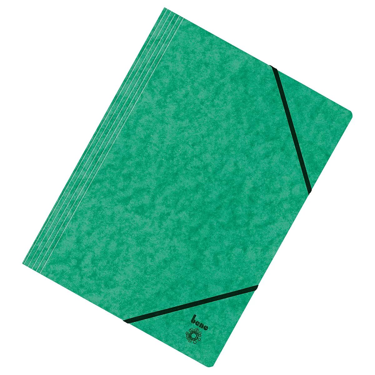 Grüne Dokumentenmappe mit schwarzem Gummiband. Oben links ein Stapel Papier.
