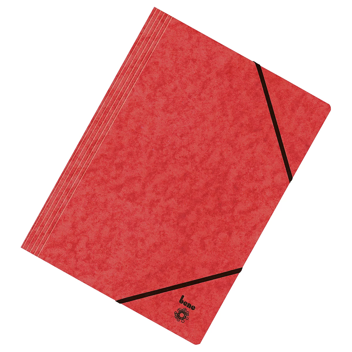 Rote Aktenmappe mit Gummizug. Der Schriftzug "bene" ist am unteren Rand zu sehen.