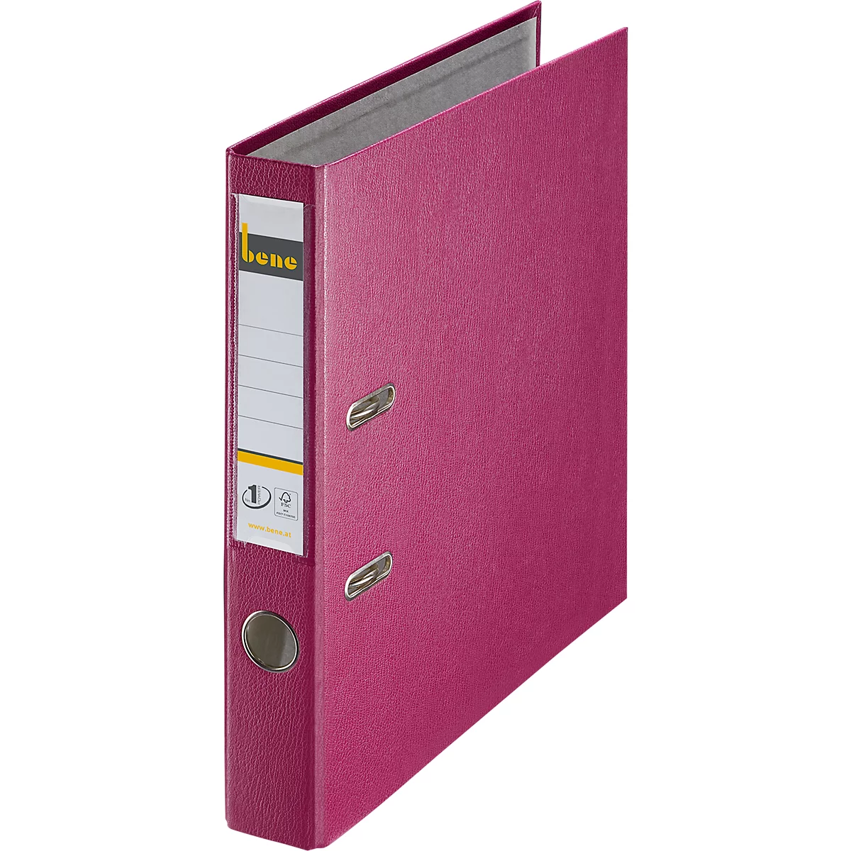 Opened pink file folder with label, fittings and the word "bene".
