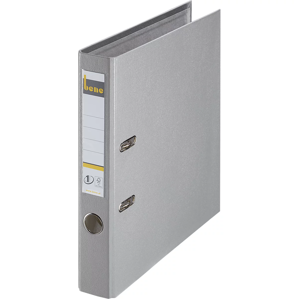 Grey file folder with label, openings and the "bene" logo.