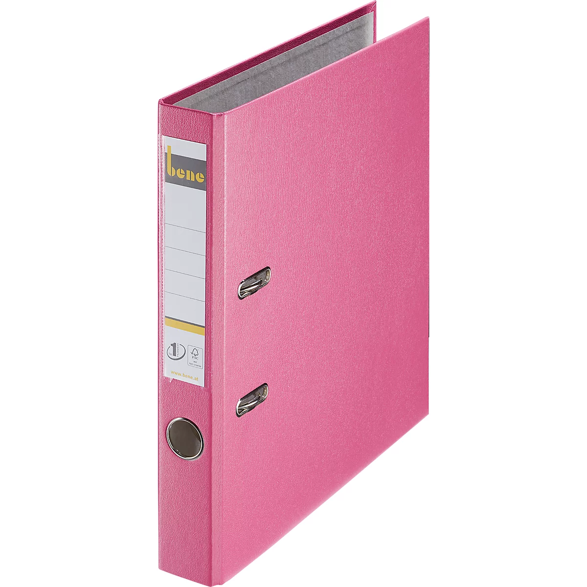 A pink file folder, with silver metal rings and the imprint "bene".