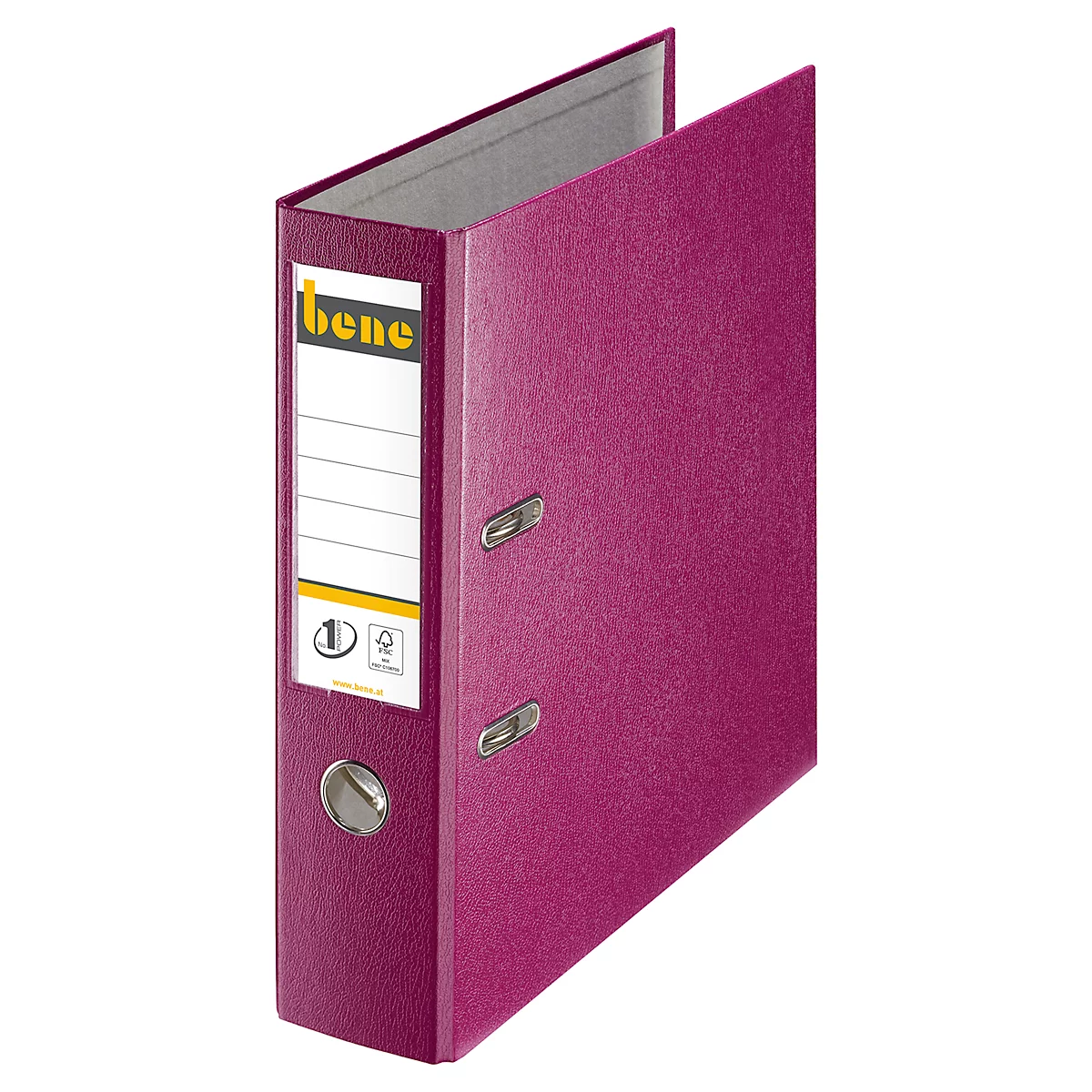 Magenta-colored file folder. On the spine: bene brand, blank labeling fields and logo. Opened.