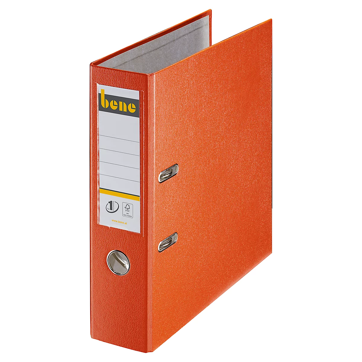 An open, orange file folder with a white label and the word 'bene'.