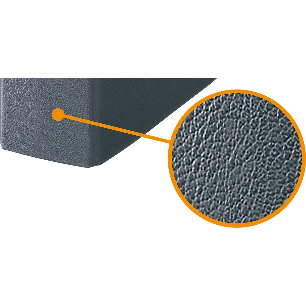 Section of a gray material with a detailed view of the material, which is textured like leather.
