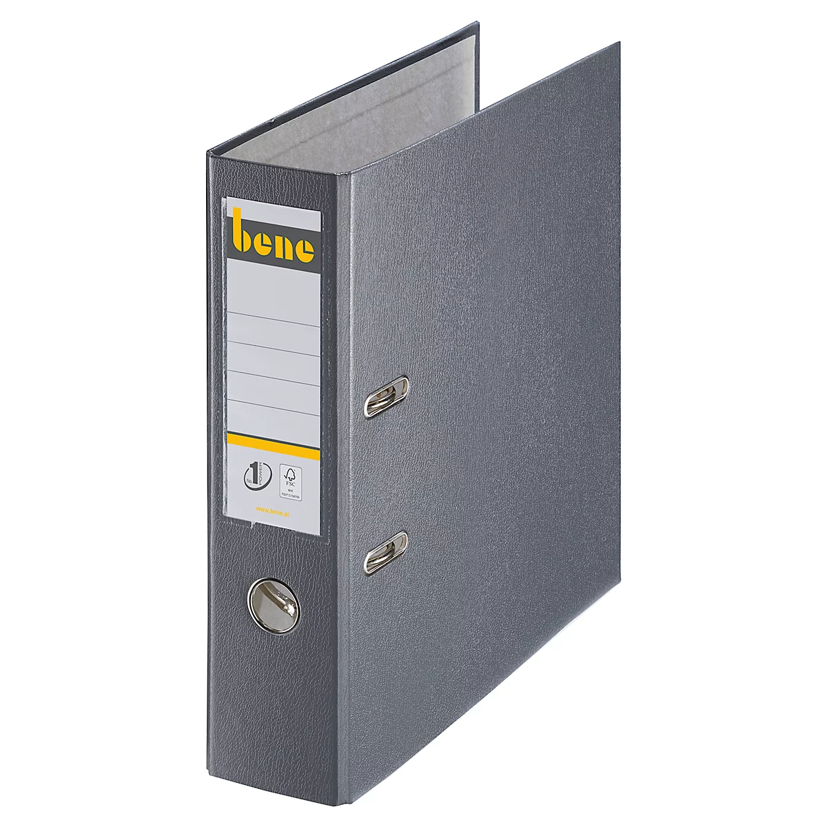 Grey binder with yellow accents and 'bene' lettering. Label with information.