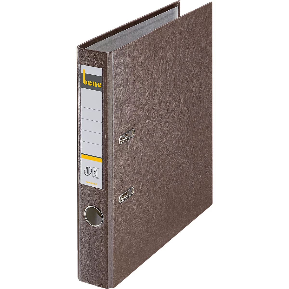Bruine ordner met wit etiket met logo en blanco velden voor etikettering. Metalen beugels en gat voor opslag.