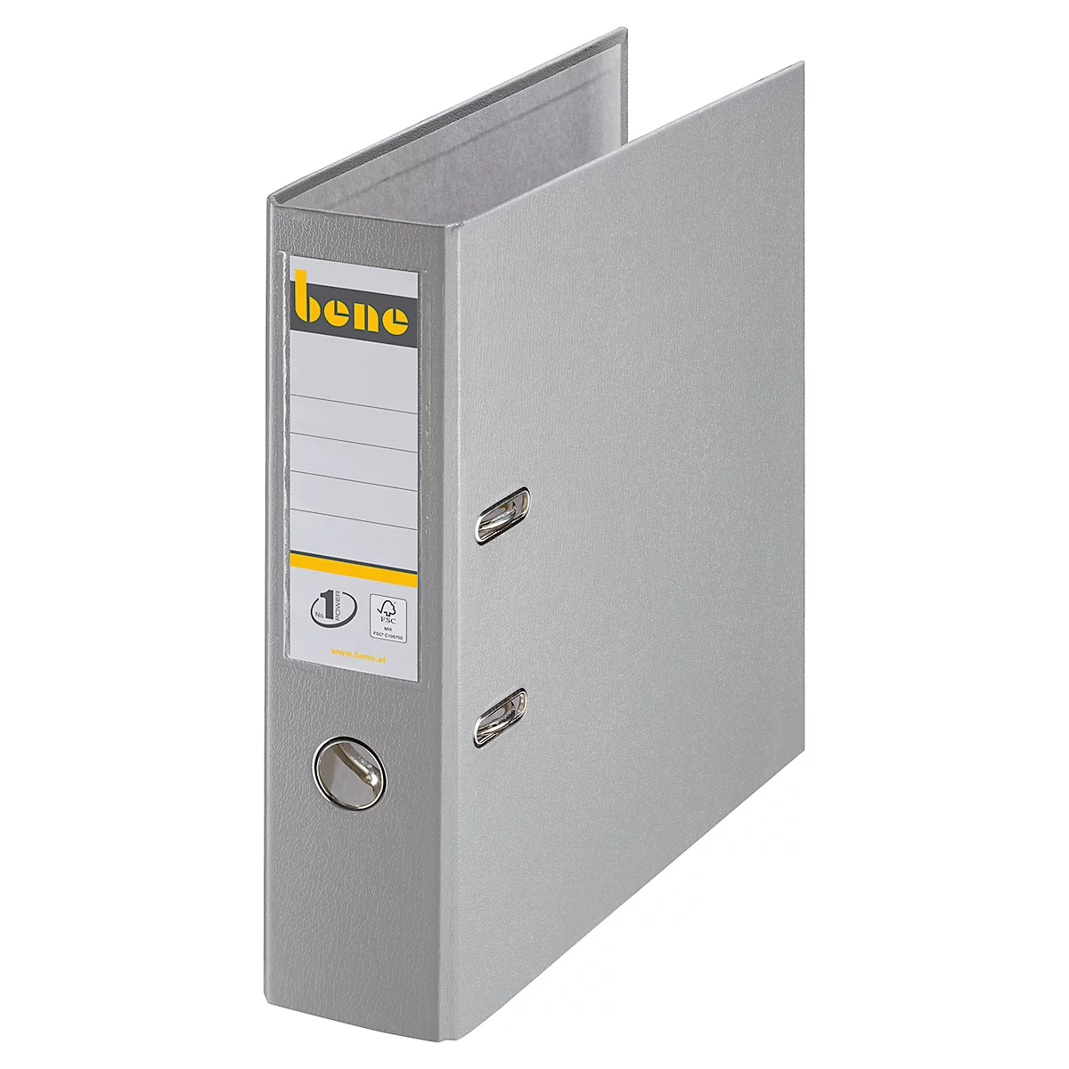 Grijze ordner met 'bene' logo en etiketveld. Voorkant open, metalen fittingen.