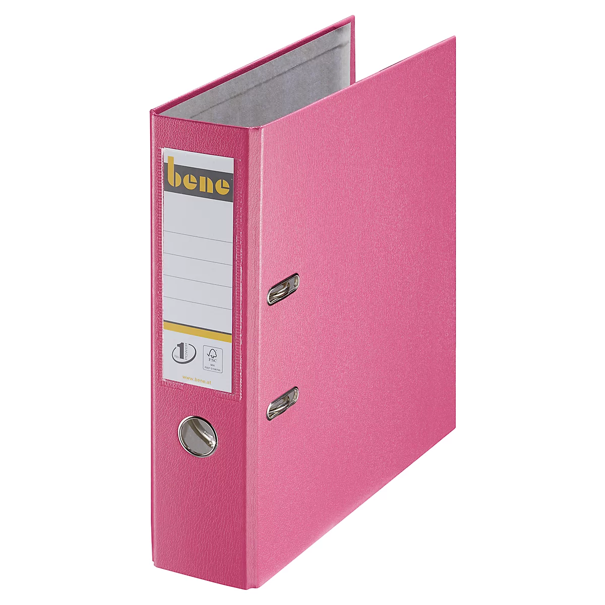 Een open, roze ordner tegen een witte achtergrond. Op de rug zit een label met het merk "bene" en nummer.