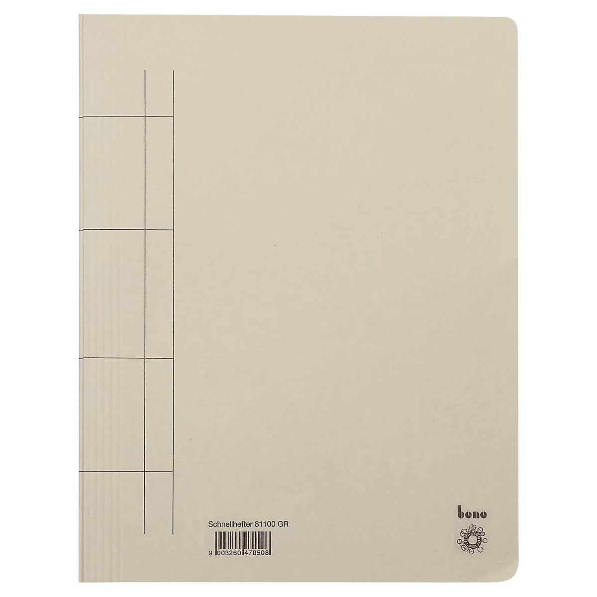 Beige file folder with black grid and text. Logo in the bottom right.