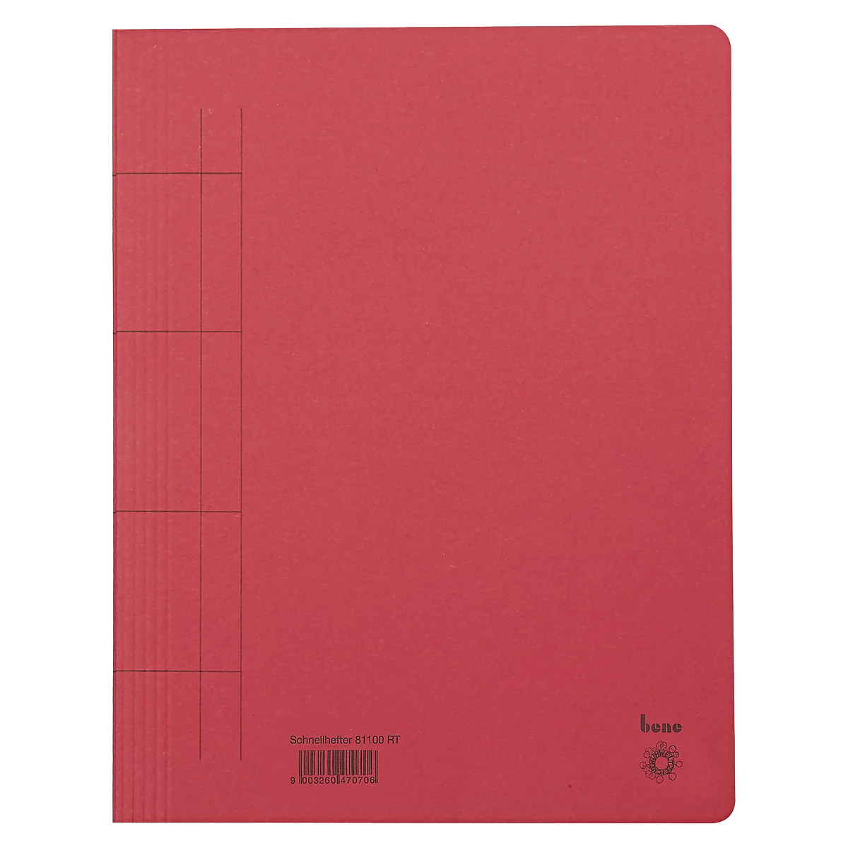 Red index card with grid lines and barcode. There is a logo and text on the bottom right.