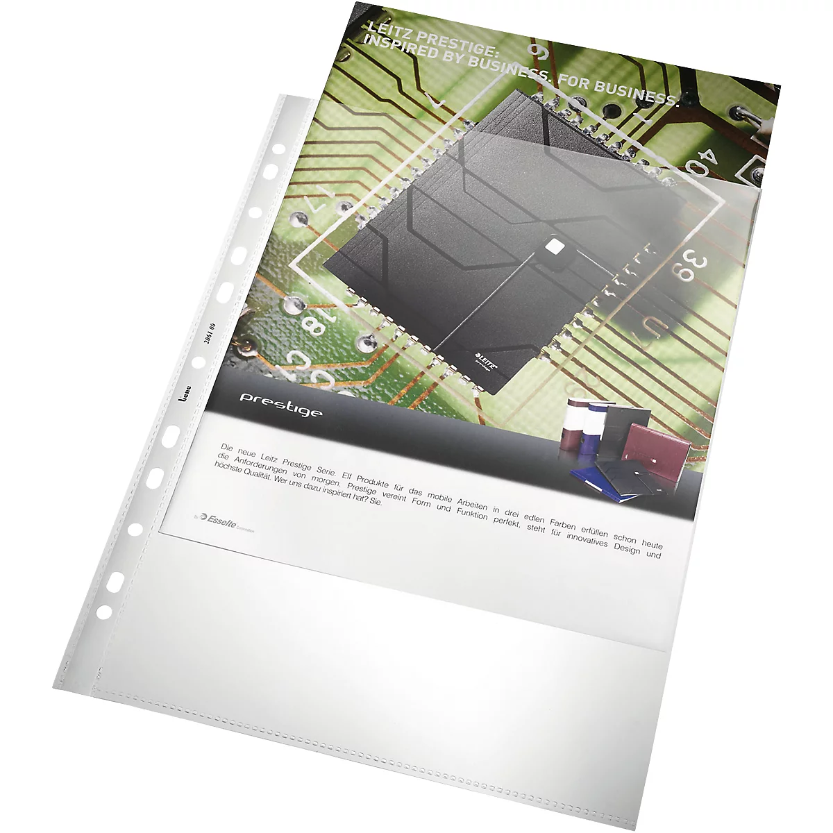 Transparent document sleeve with inserted promotional material. There is a product image, text and the "prestige" logo.