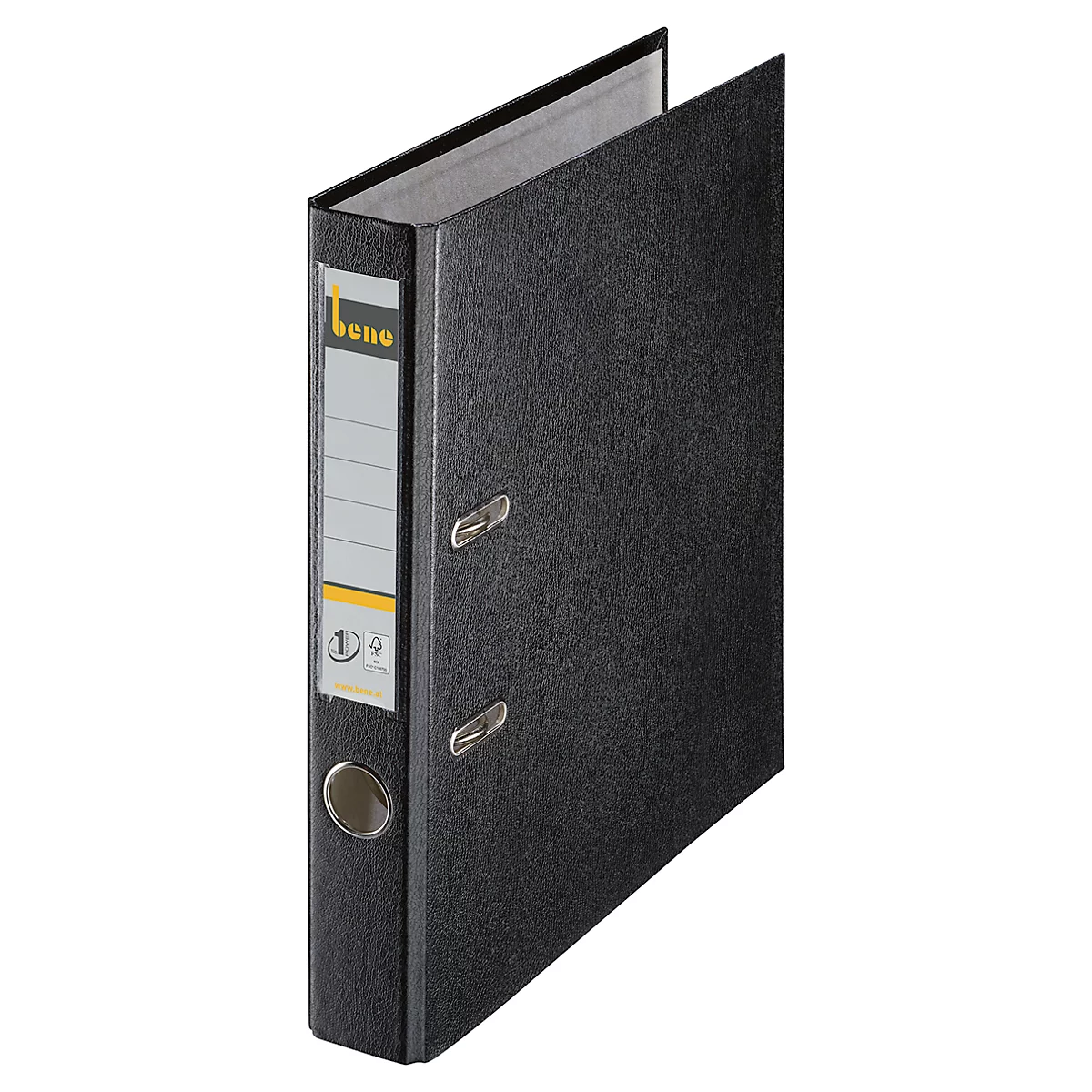 Black file folder with a white label and silver metal parts. The folder is slightly open.