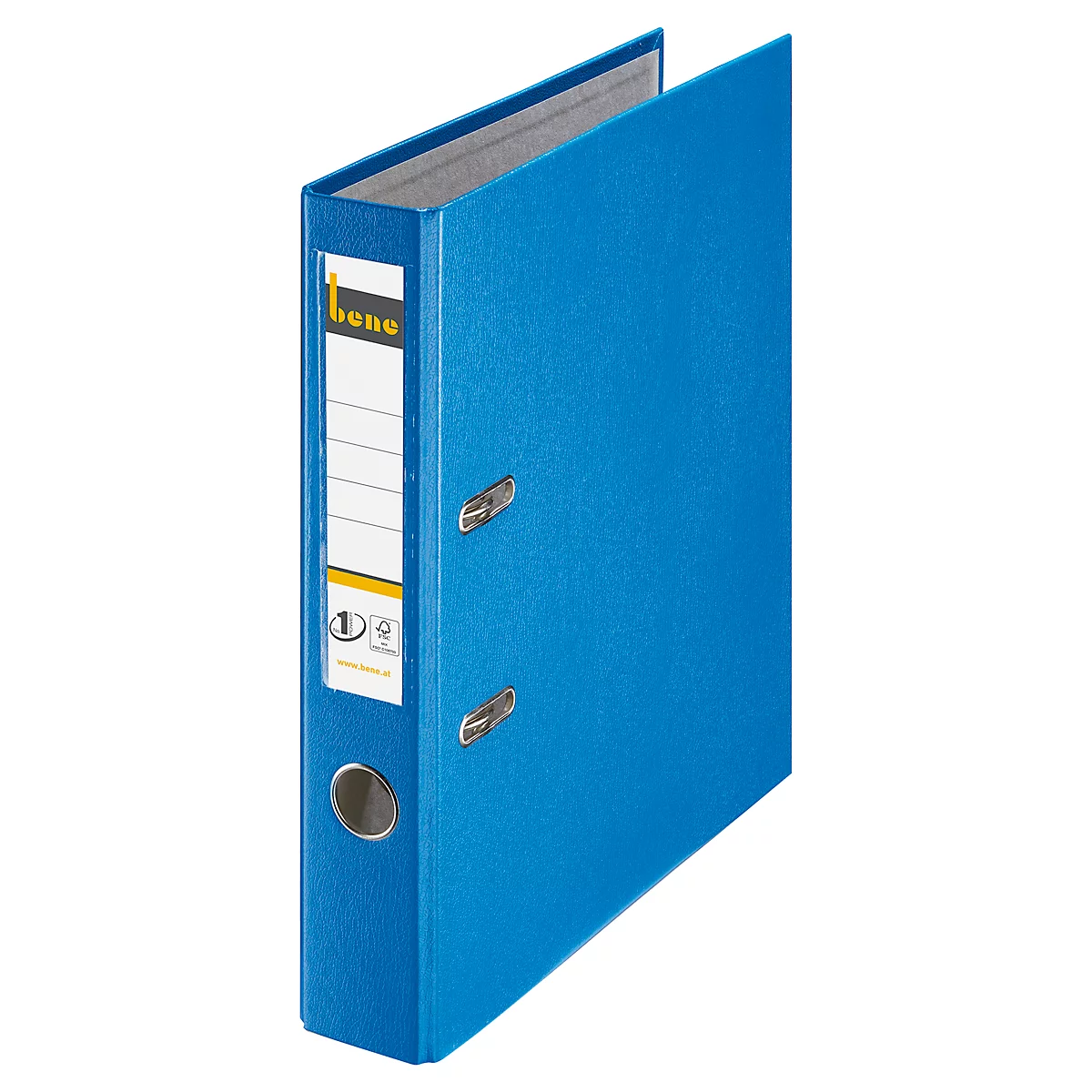 Blue binder, open. Front label with white field, text and logo. Gray cardboard on the inside.