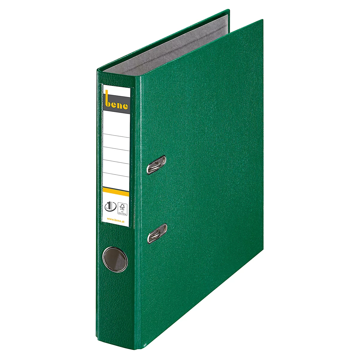 Green binder with a white label and the inscription 'bene'.