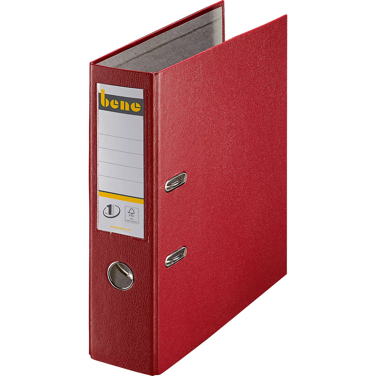 Red binder with the label "bene", open side. The label shows information such as the number 1 and the FSC seal.