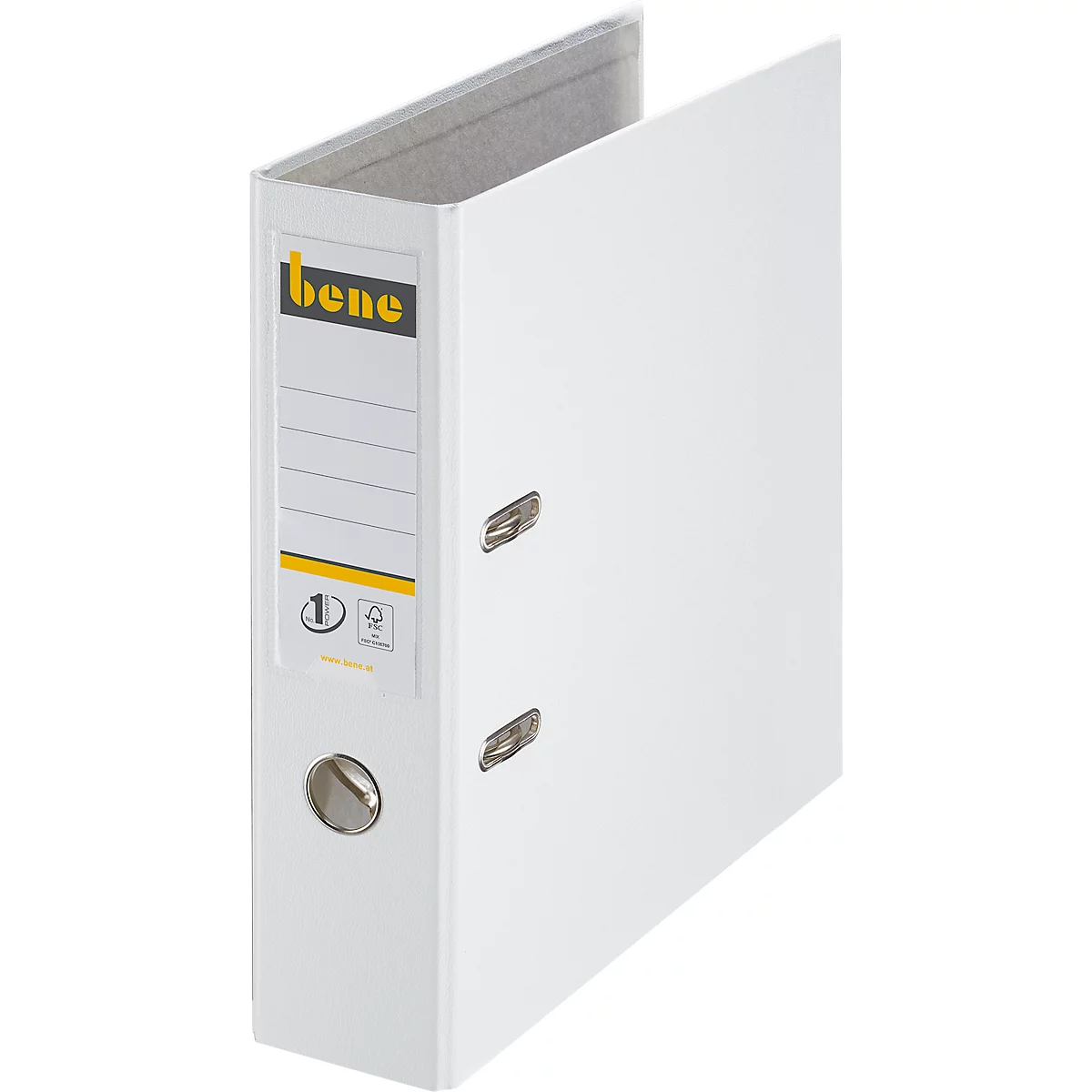White binder with stickers and metal eyelets.