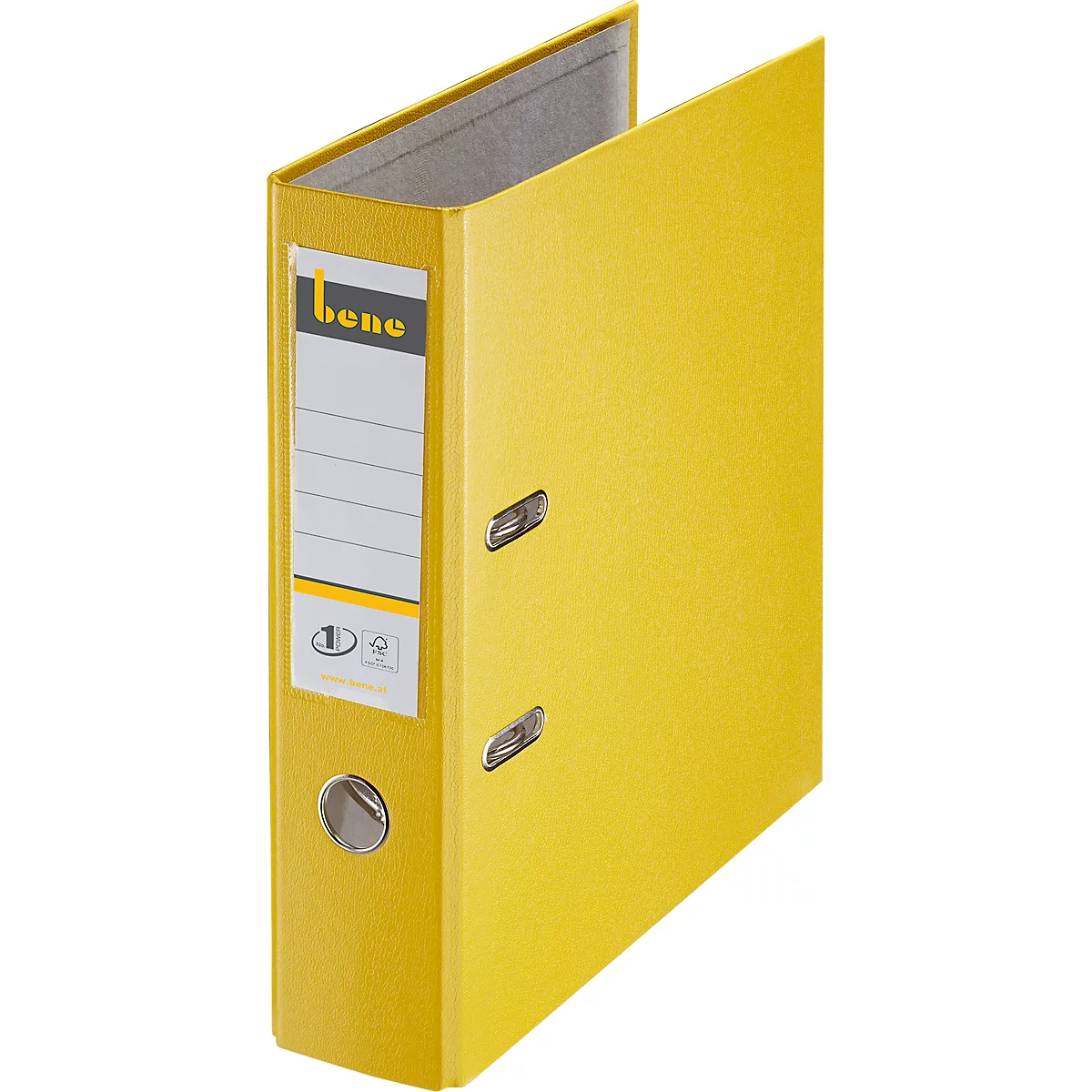 Yellow binder, opened, with "bene" inscription and space for labeling.