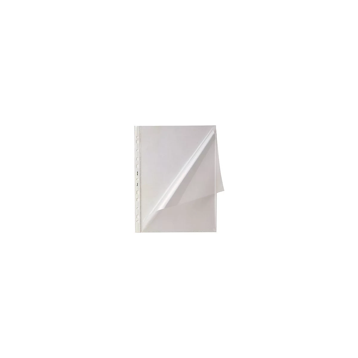 Transparent sheet protector with a punched edge, partially open.