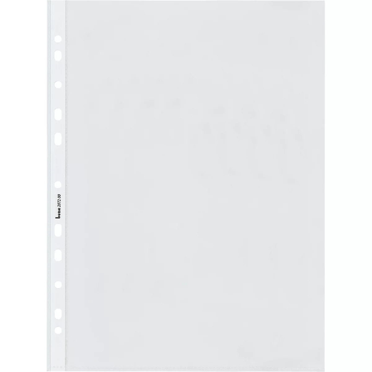 Transparante documenthoes met perforatie. Geperforeerde rand links. Linksonder: merklogo.