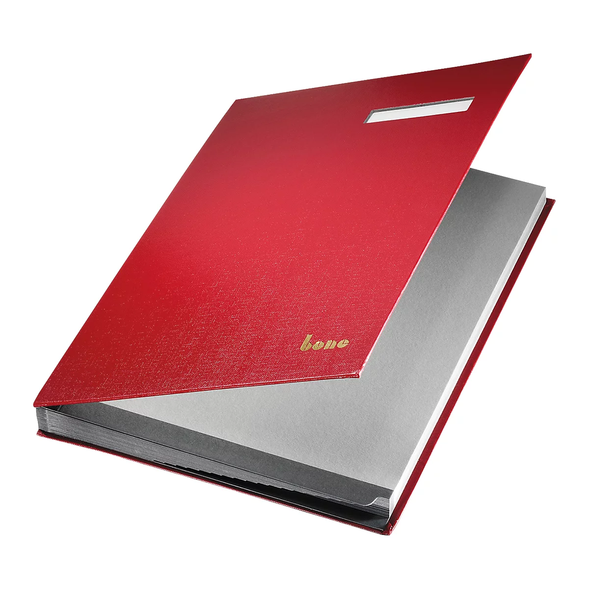 Offenes rotes Notizbuch mit silbernen Seiten. Auf dem Cover steht "bone".
