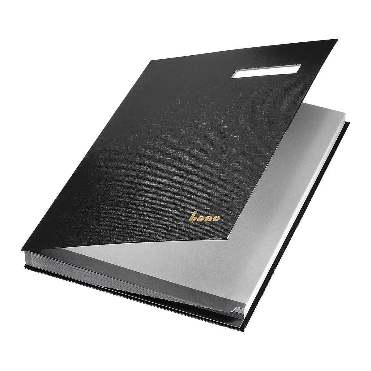 Zwart notitieboek, gedeeltelijk open, met 'bone' logo en uitsparing.