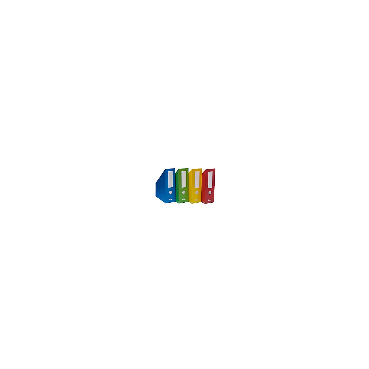 Vier bunte Ordner stehen nebeneinander. Blau, grün, gelb und rot mit weißem Etikett und silberfarbenen Knöpfen.