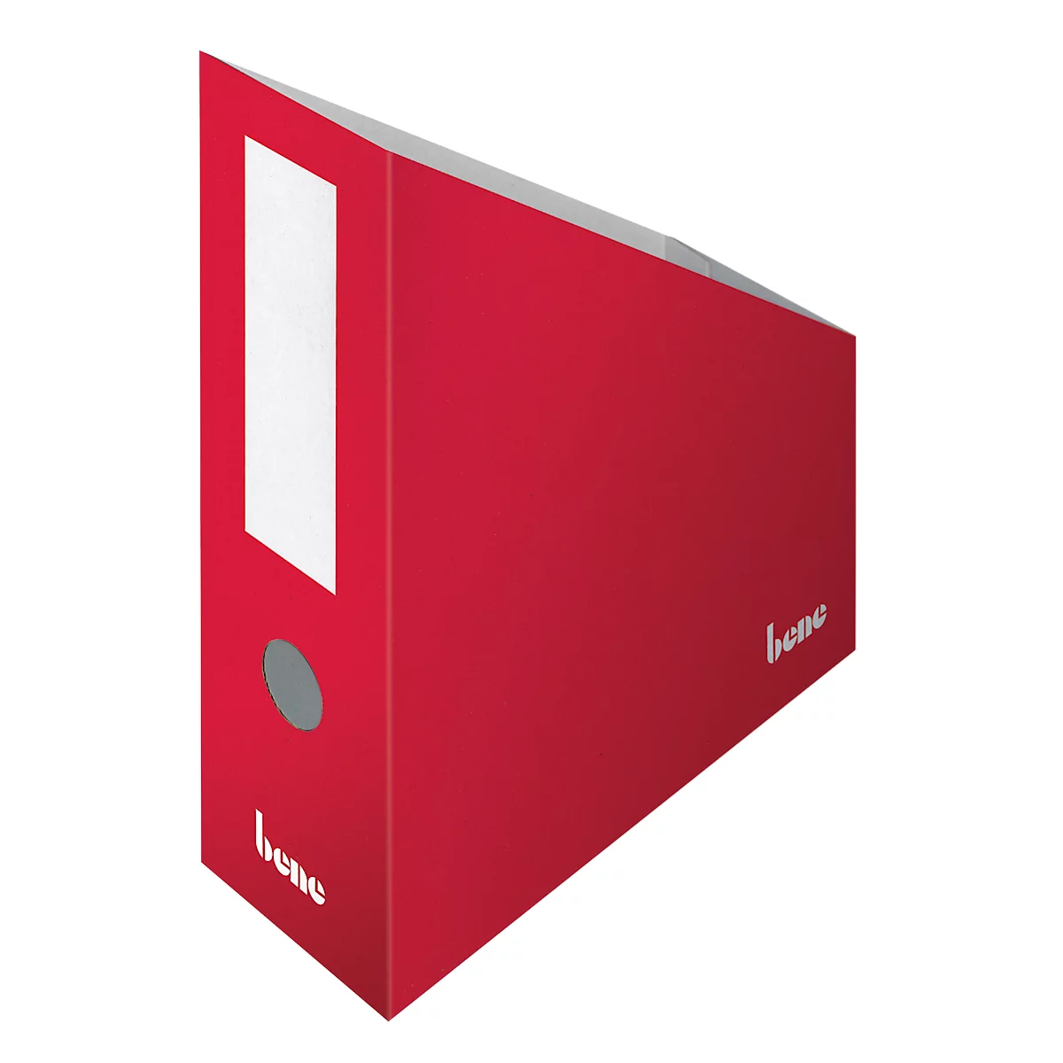Roter Aktenordner mit weißem Beschriftungsfeld und grauem Knopf, Ecke angeschnitten.