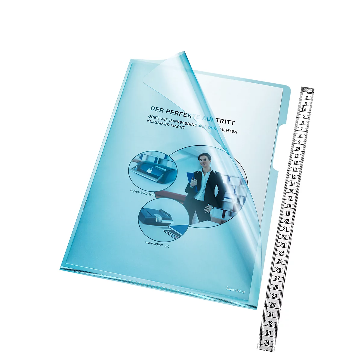 Blauwe map met document. Daarnaast een meetlint. Op de map staat: 'De perfecte uitstraling'.