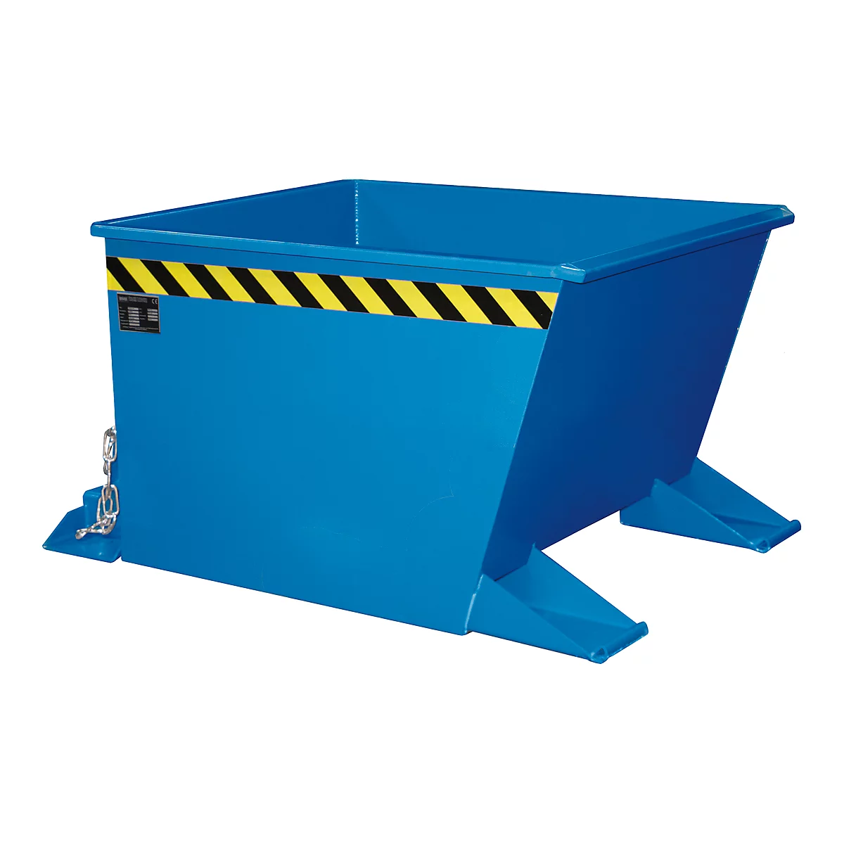 Benne basculante en acier peint en bleu avec bande d'avertissement noire et jaune et pieds.