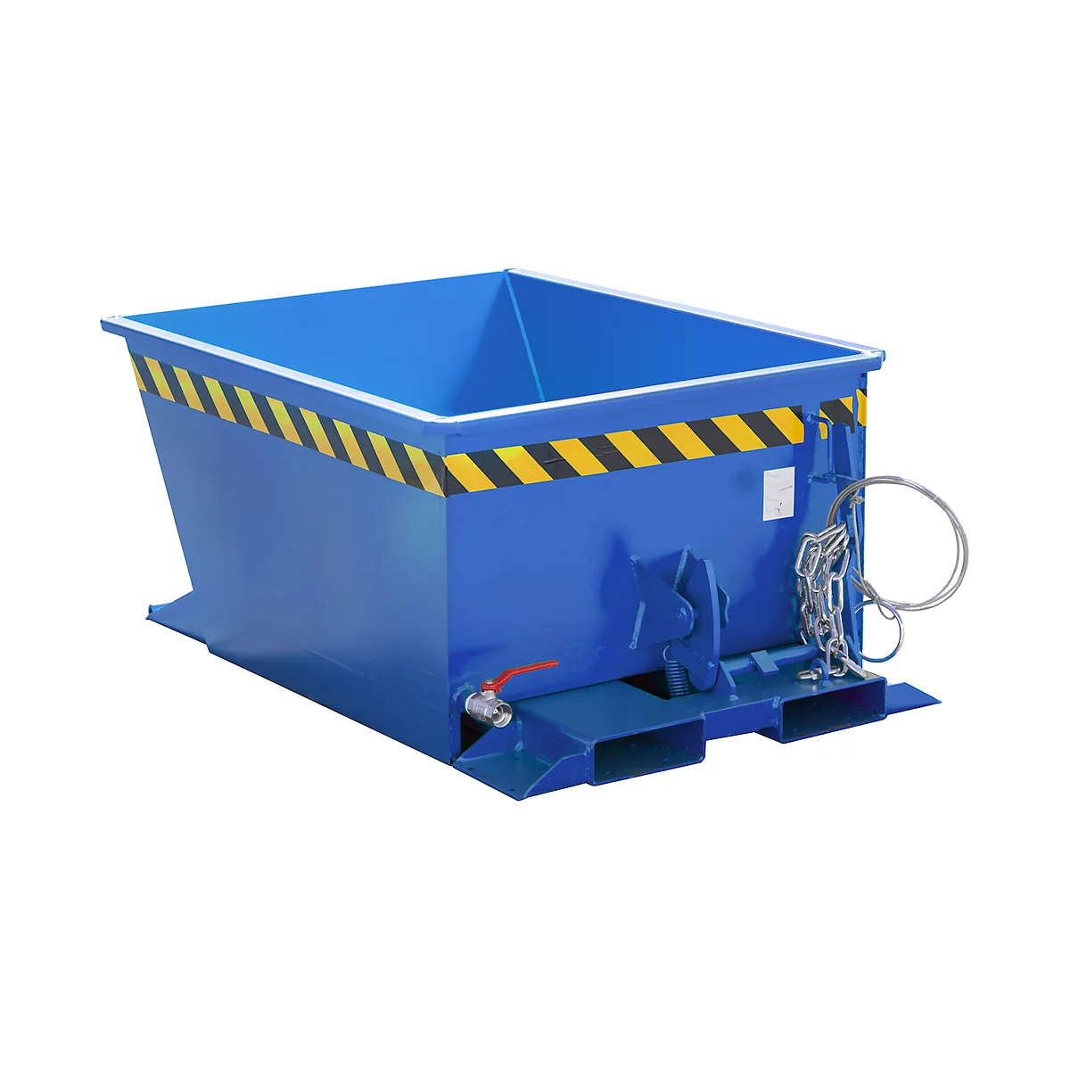 Bac en acier bleu avec marquages d'avertissement jaunes et noirs, robinet de vidange, chaînes et œillets.