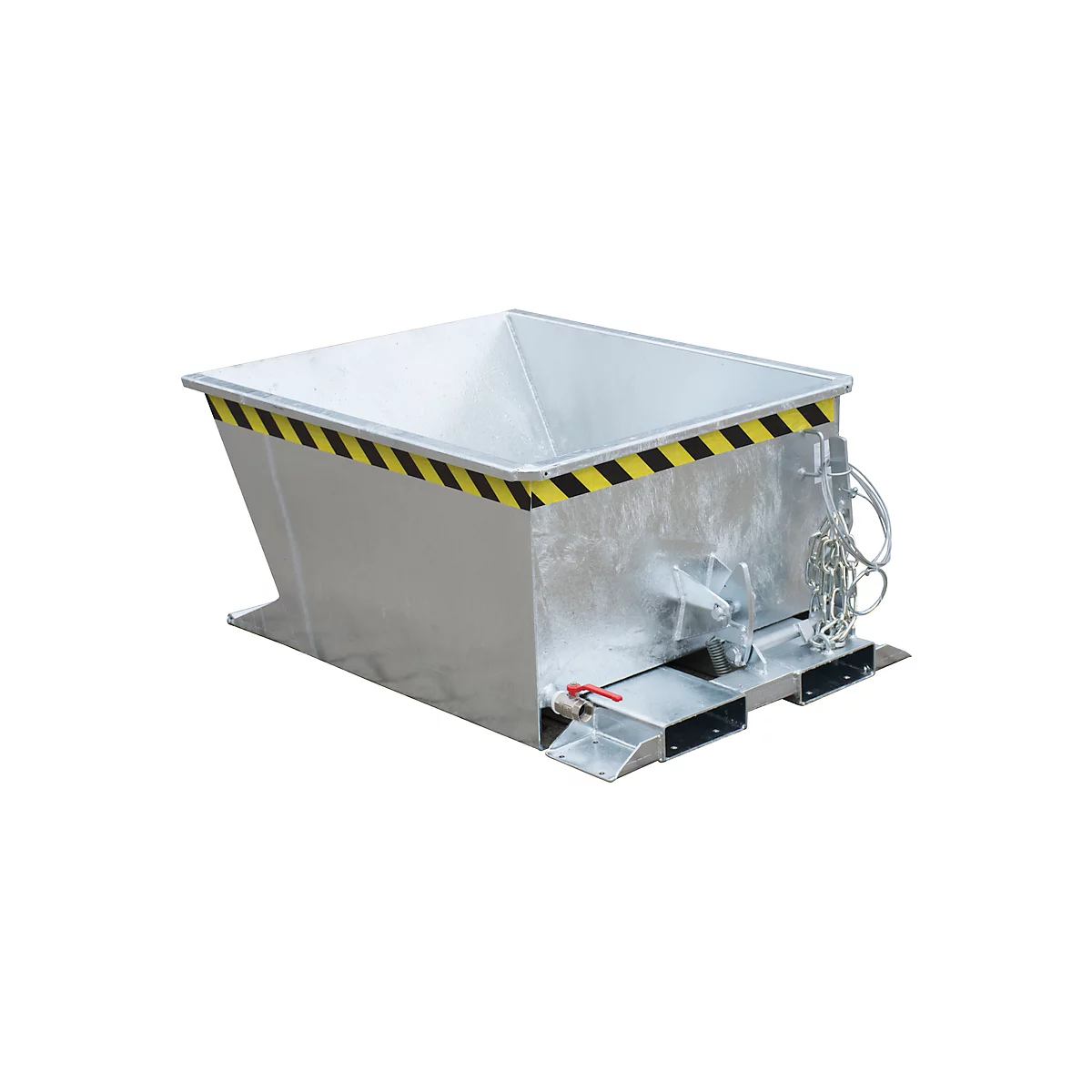 Récipient métallique avec marquages noirs et jaunes. Levier, chaînes et vanne de sortie en dessous.