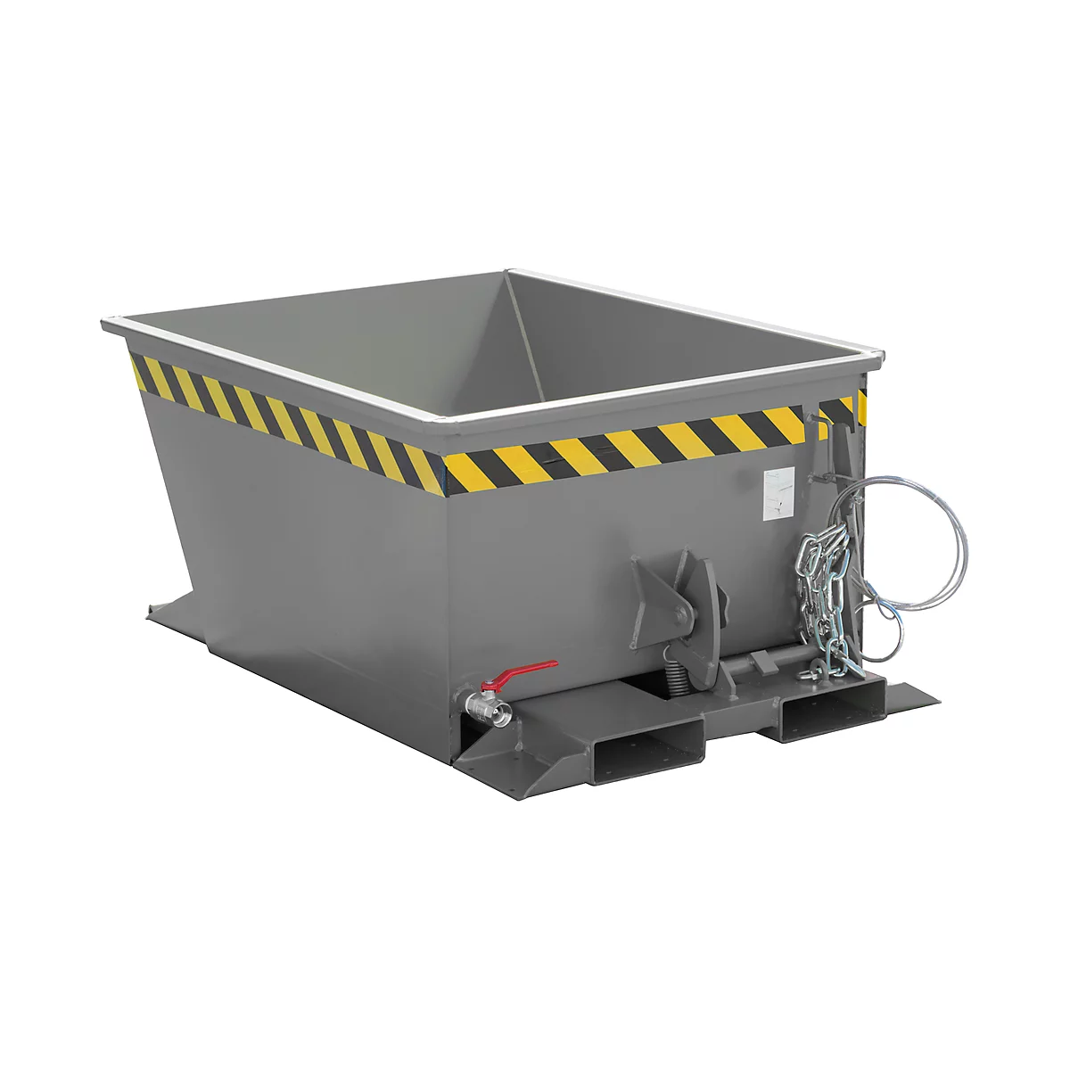 Conteneur basculant gris avec des bandes d'avertissement jaunes et noires et un robinet de vidange. Il dispose de chaînes et d'un système de crochet pour la fixation.